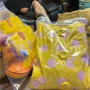 Childs 12 month rain coat button up with hood, rain hat and booties 3 pc